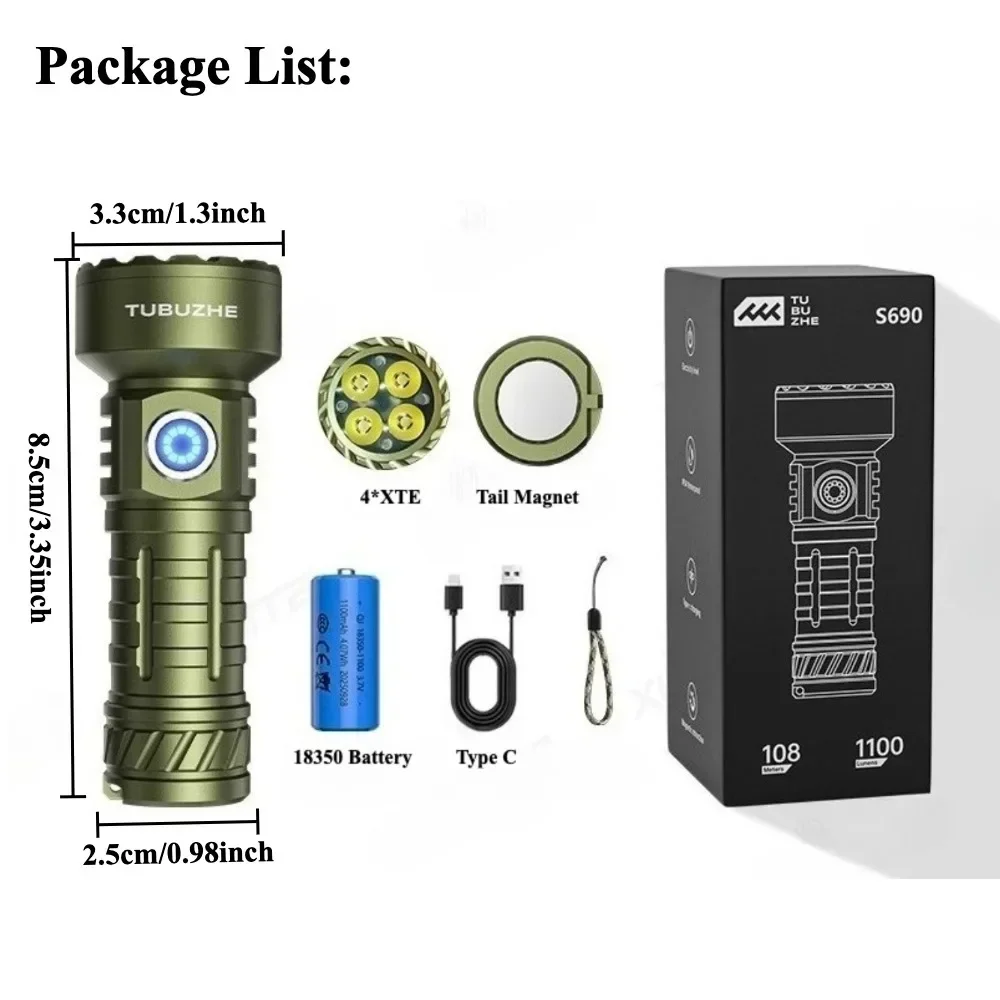 Waterproof Mini Magnetic Flashlight 4xLED High Bright Type-C Charging Work Torch for Outdoor Camping Hiking Fishing