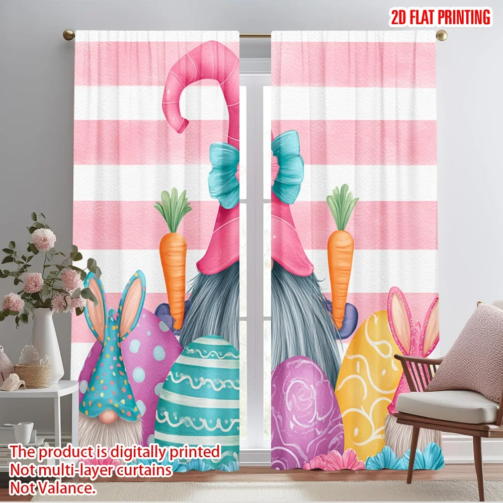 2 Stück 2D-Flachdruck-Szenenvorhang, Osterzwerg, Haseneier, Frühling, Polyester, ohne Strom, 0, perfekt für den Innenbereich