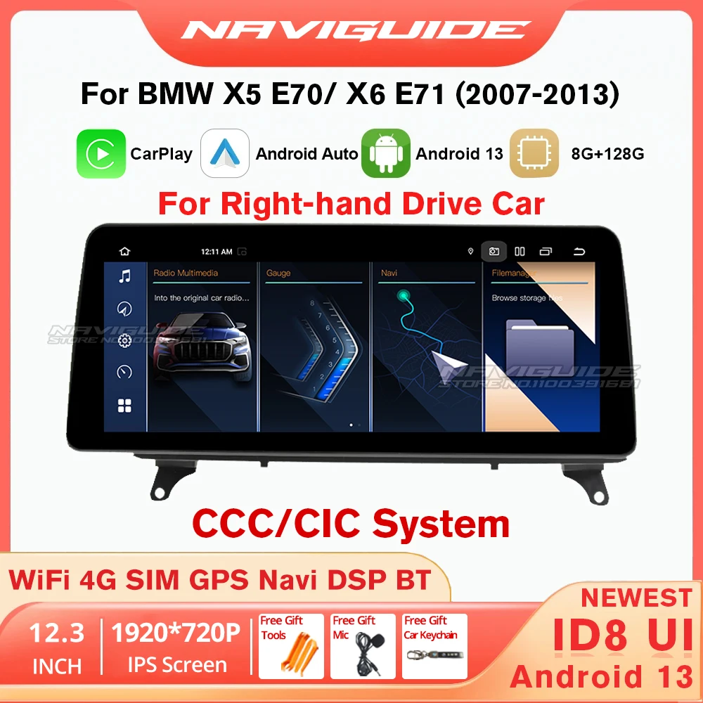 NAVIGUIDE ID8 biom12.3 en effet Android 13 8 + 128G Autoradio pour BMW X5 E70 X6 E71 2007-2013 RHD Carplay Auto GPS Limitation First DSP