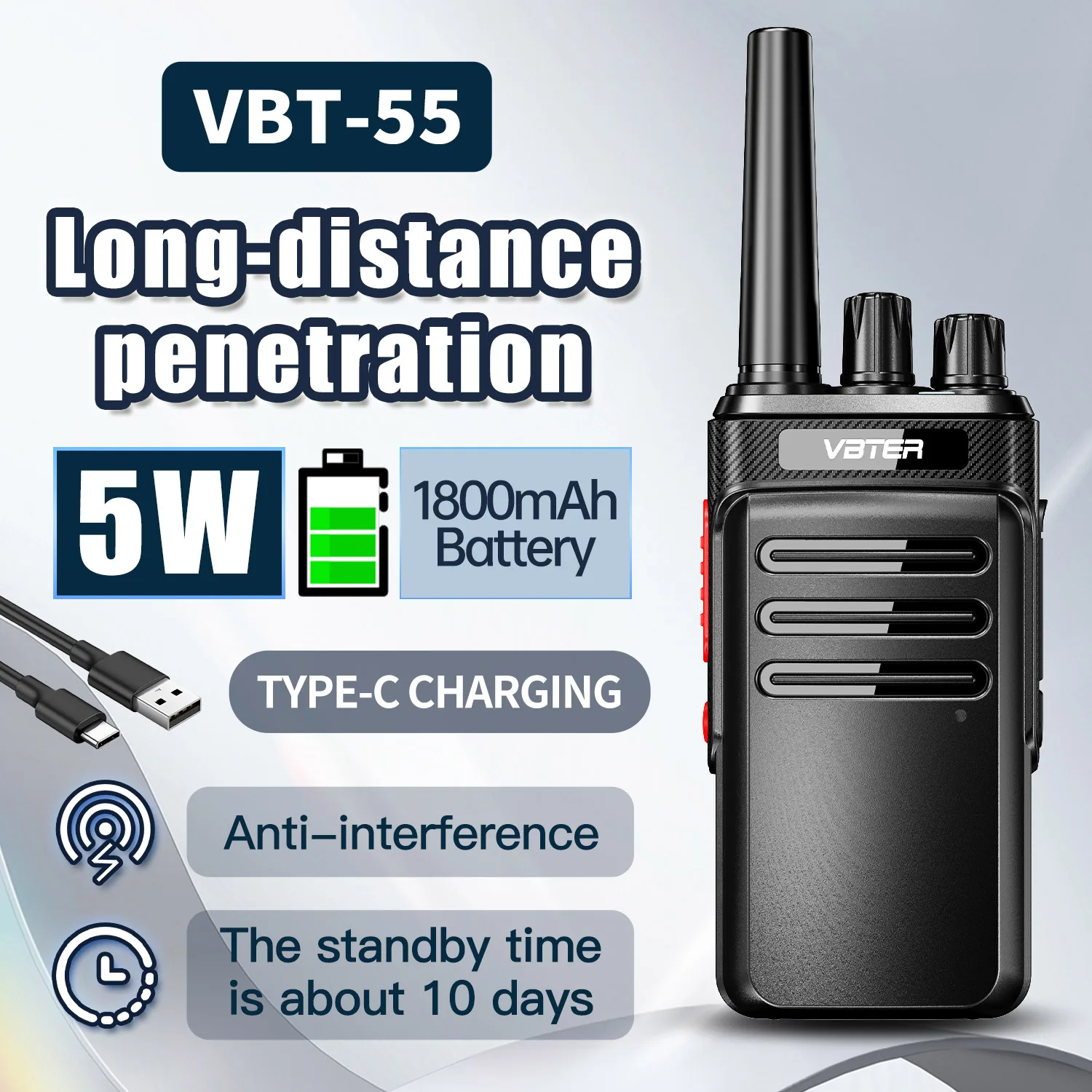 

2 шт. рации VBTER VBT-55, портативное двухстороннее радиооборудование, PTT-радио для отелей и кафе, зарядка Type-C, UHF 5 Вт