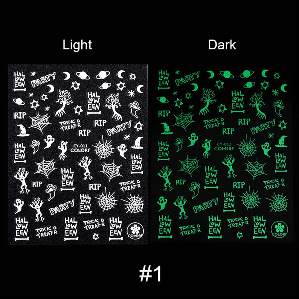 1~4PCS Cartoon Nail Stickers Luminous Effect Flowers Spider Web And Skull Nail Decoration Nail Stickers Health & Beauty