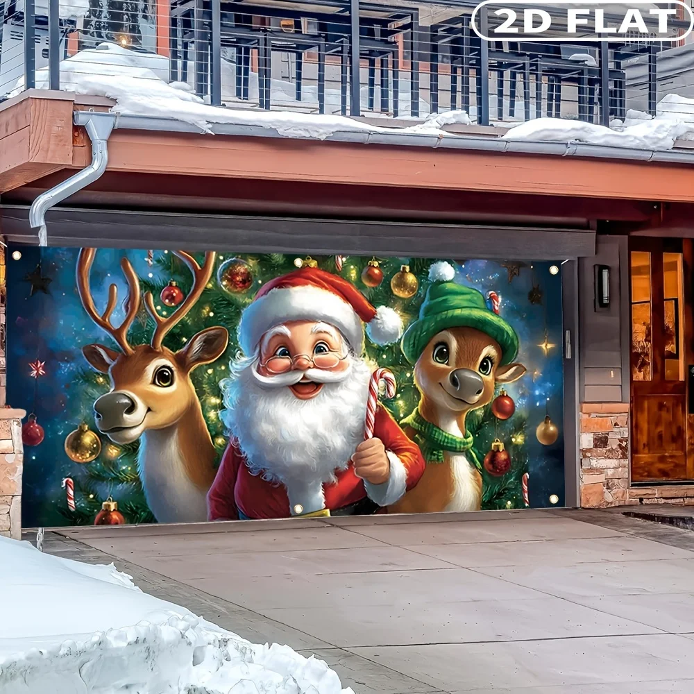 قطعة واحدة من لافتة عيد الميلاد الكبيرة المسطحة ثنائية الأبعاد، لافتة باب جراج عيد الميلاد - تصميم سانتا والرنة، لافتة غطاء بوليستر مقاس 157 × 71 بوصة #5