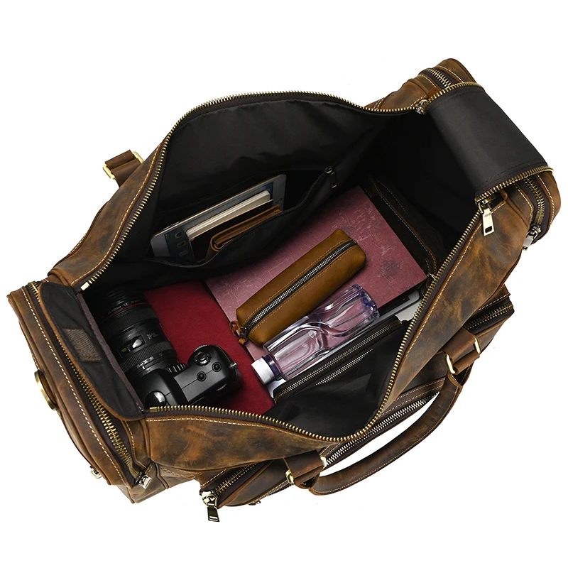 Exlarge – sac de week-end en cuir véritable de 22 pouces pour homme, sacoche de voyage Vintage en cuir de vache avec fermeture éclair, fourre-tout