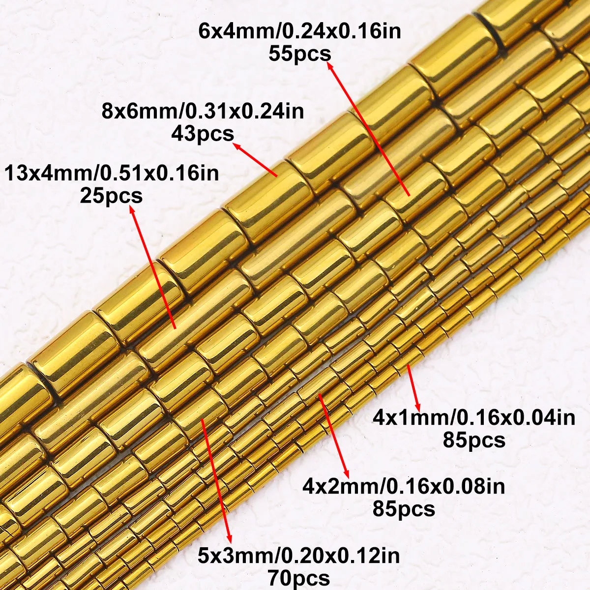 4/5/6/8/13mm banhado a cor dourada hematita tubo reto cilíndrico contas soltas para joias diy pulseira brincos acessórios