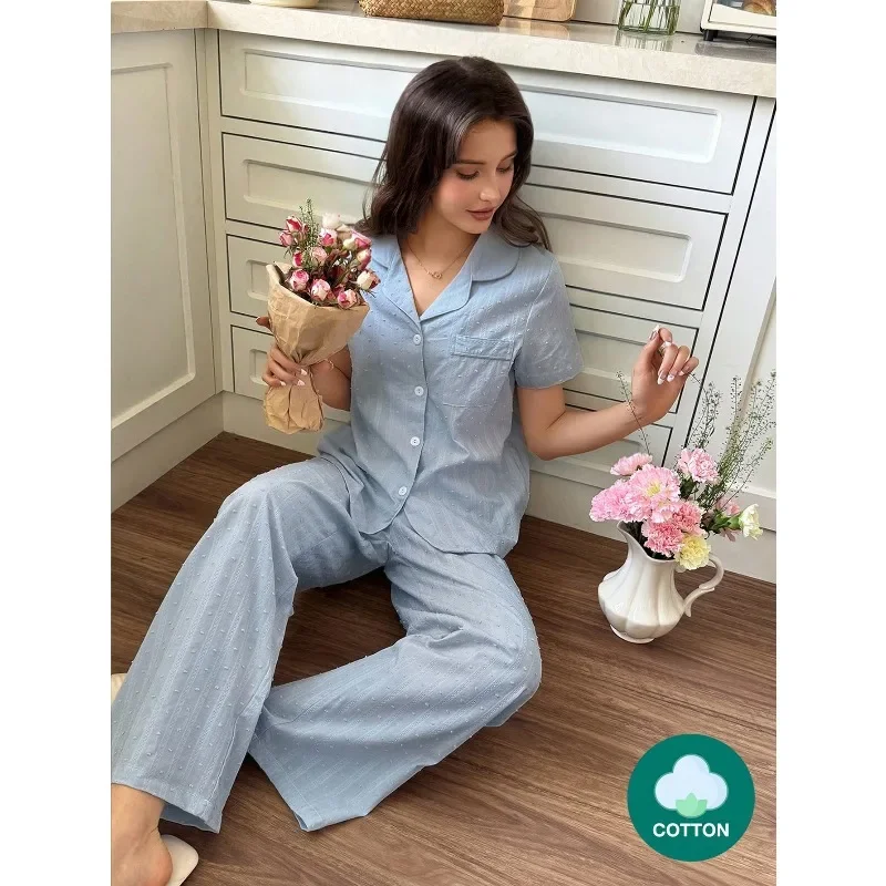 2pcs Women 100% Cotton Jacquard Romantic Fresh Blue Short Sleeve Pajama Set Light Blue Pajama Set Light Blue  Set