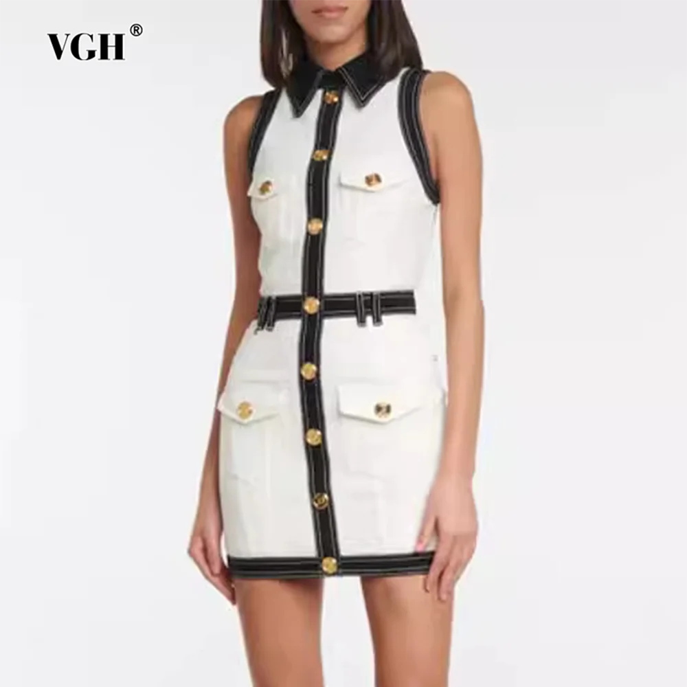 

VGH Sexy Spliced Pockets Hip Hugging Dresses For Women Lapel Sleeveless High Waist Party Temperament Hit Color Dress Female New