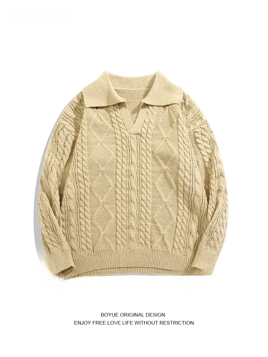 

Boyue Hong Kong Sle Retro Twist Knitwear Collared Sweater Simple Versatile Lazy Texture Men Women Sweater Casual Loose Fit