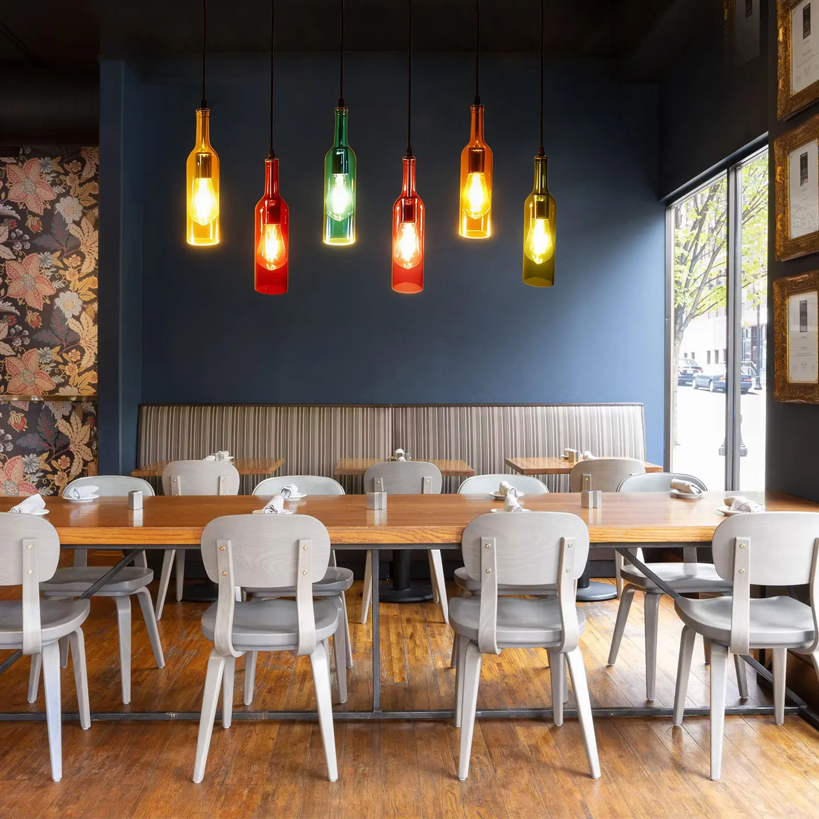 

6-Head Glass Bottle Pendant Lamp Set Creative Colorful Adjustable Height with Stable Base for Home Decor