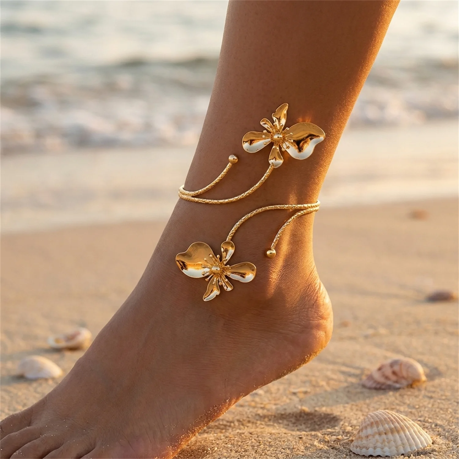 Böhmische Metall-Emaille-Blumen-Fußkettchen für Damen, Modische Geometrische Blumen-Fußkettchen, Täglicher Party- und Urlaubsschmuck – Detail 2