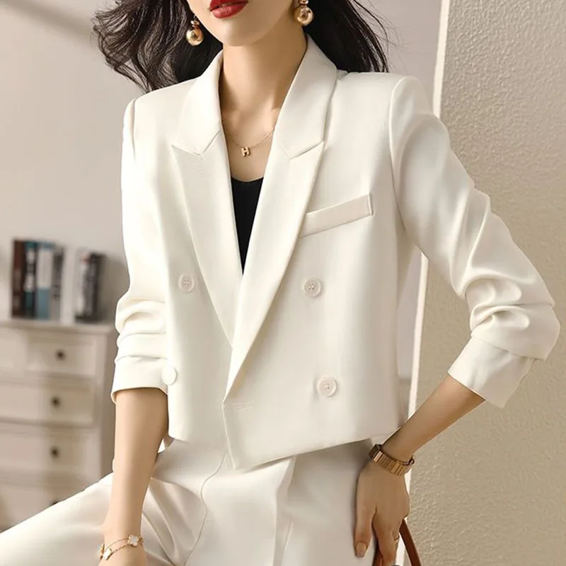 

Office Ladies Black Cropped Blazers Korean Fashion Double-Breasted Suit Coat Women Vintage Long Sleeve Outerwear Short Tops New