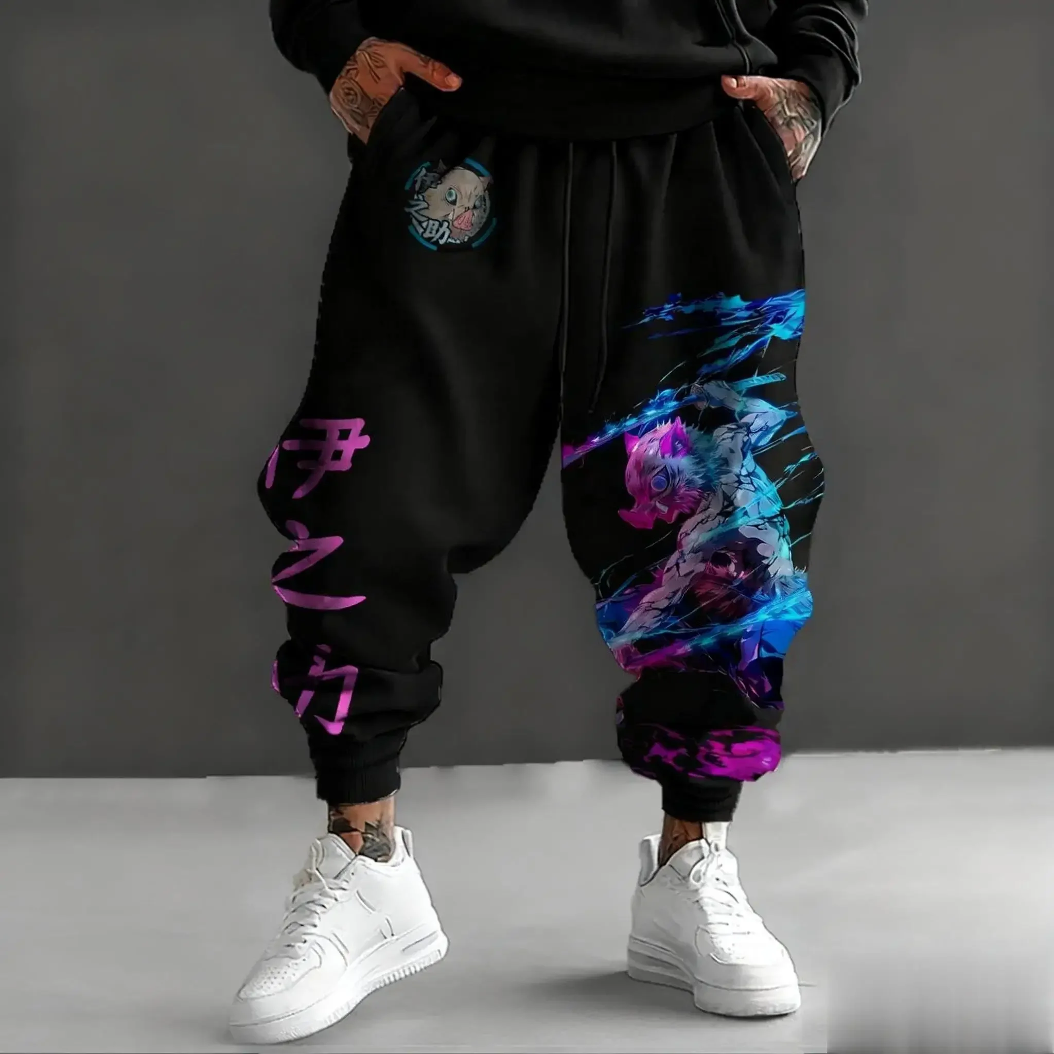 Demônio slayer inosuke anime impresso calças de corrida dos homens y2k vintage streetwear solto calças casuais moletom outono inverno novo