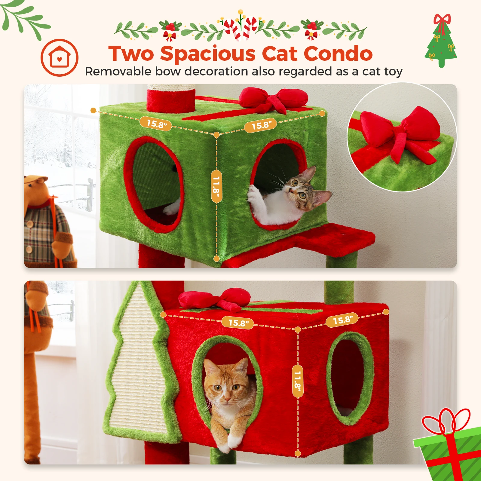 Weihnachts-Katzenbaumturm mit rot-grünem Eigentumswohnung, mehrstufiger Katzenturm mit Sisal-Kratzbäumen, Katzenmöbel für Hauskatzen – Detail 30