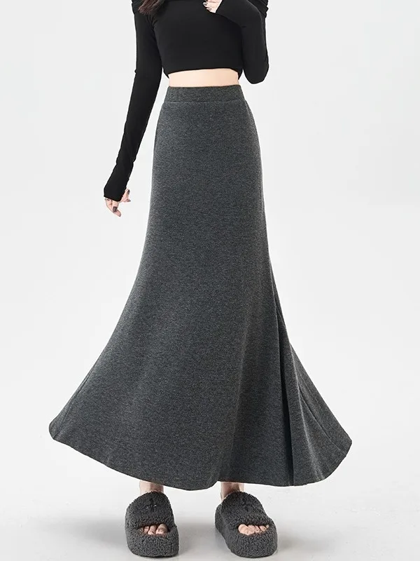 Doux taille haute tricoté Fi queue f jupe femmes mi-longue a-ligne robe automne nouveau Sle décontracté Polyester fibre jupe