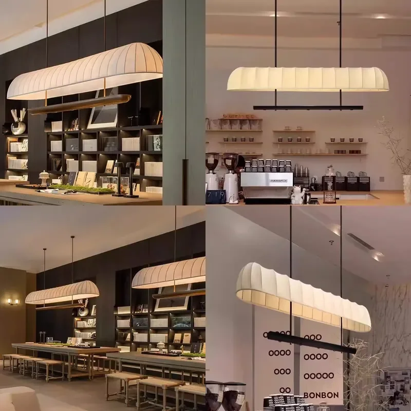 Vintage Fabric Linear Chandelier Wabi Style Long Pendant Light for Restaurant Hotel Bar Island Dining Room Coffee Shop Decor