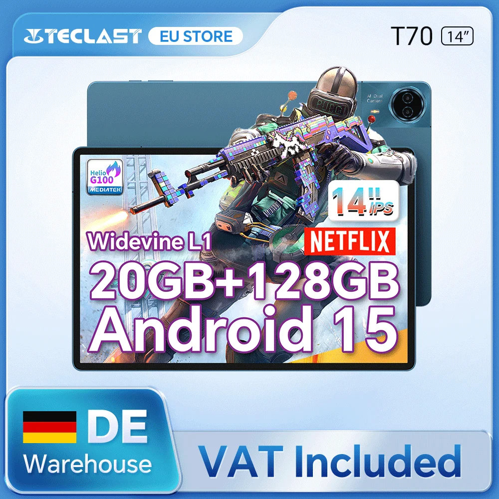 Teclast T70 2026 14-Zoll-Tablet MTK G100 20GB (8GB+12GB Erweiterung) RAM 128GB ROM 4G LTE 10000mAh 18W Schnellladung GPS Android 15 Gemini AI