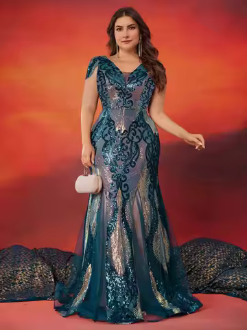 Plus Size Luxurious Short Sleeve Sequin Formal Evening Dress Women Elegant Mermaid Party Cocktail Gown Special Event