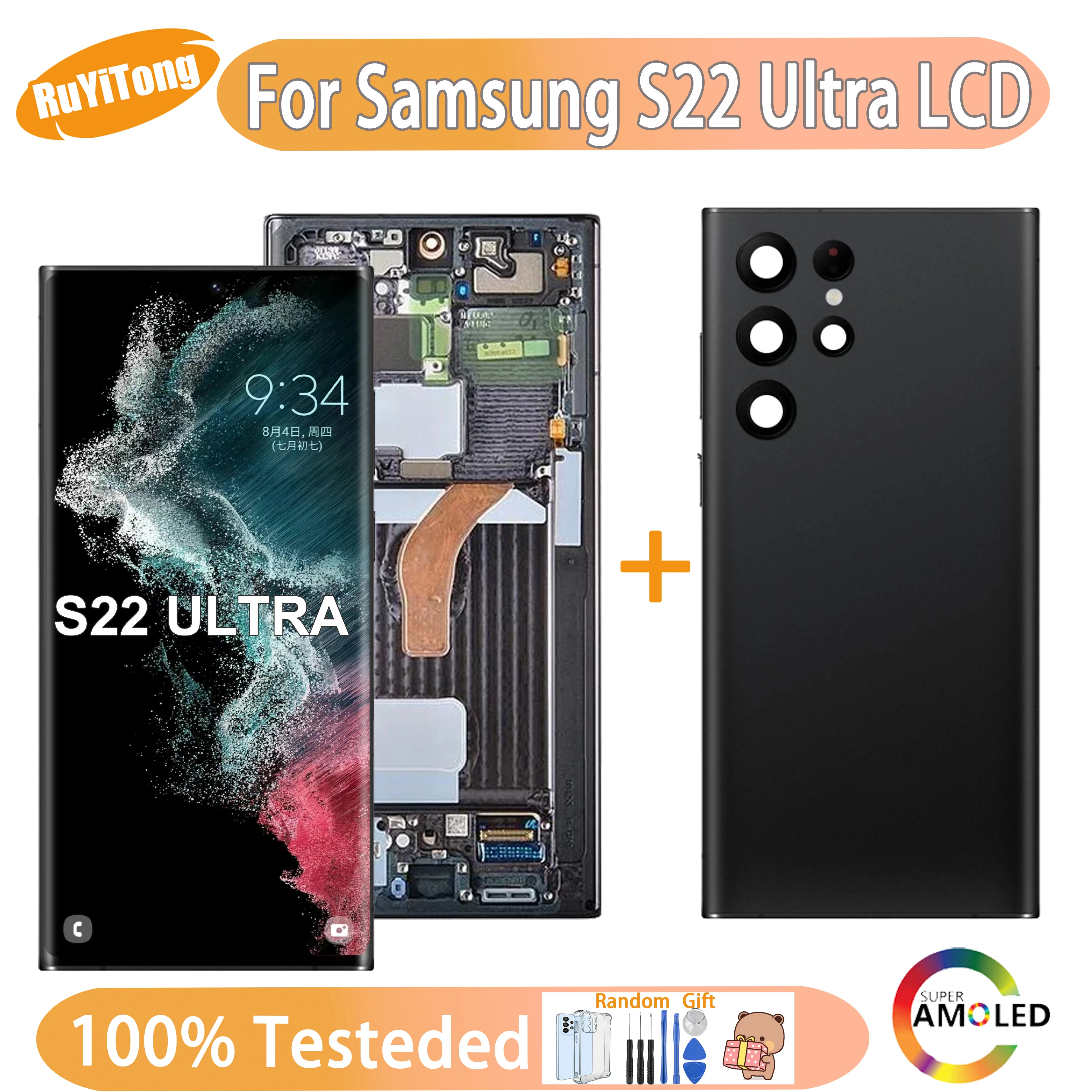 

6.8" AMOLED For Samsung Galaxy S22 Ultra LCD Display SM-S908B S908U LCD Touch Screen Digitizer Assembly With Frame Replacement