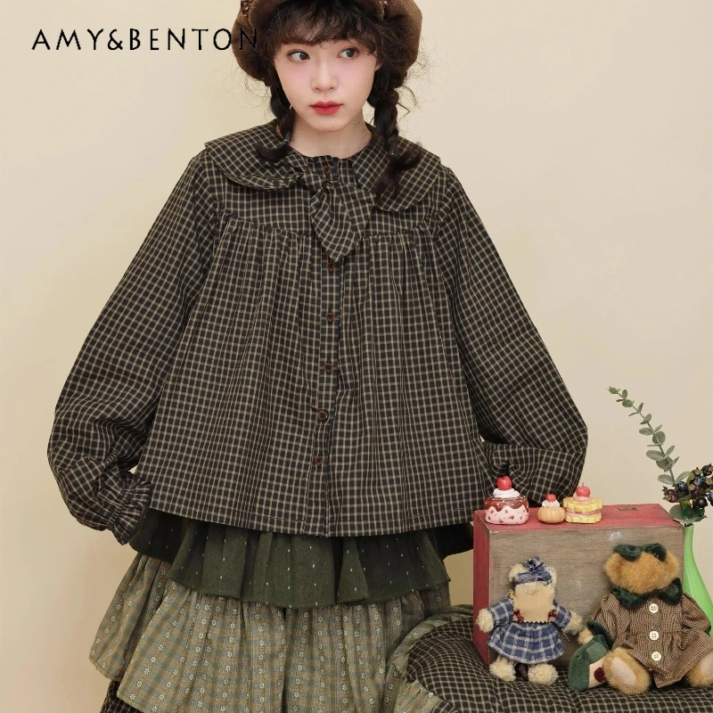 الأصلي الرجعية تصميم فتاة الأخضر الداكن منقوشة القوس طوق قميص نسائي 2025 الخريف جديد Y2k تنوعا Ruched قمصان فضفاضة السيدات #1