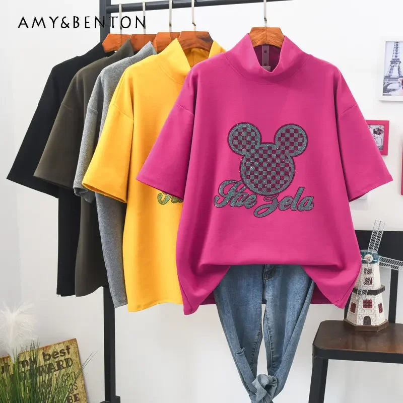  Autumn Cartoon Rhinestone Brushed Cotton Short-Sleeved T-shirt Women's Loose Mock Neck Thickened Half-Sleeved Tops