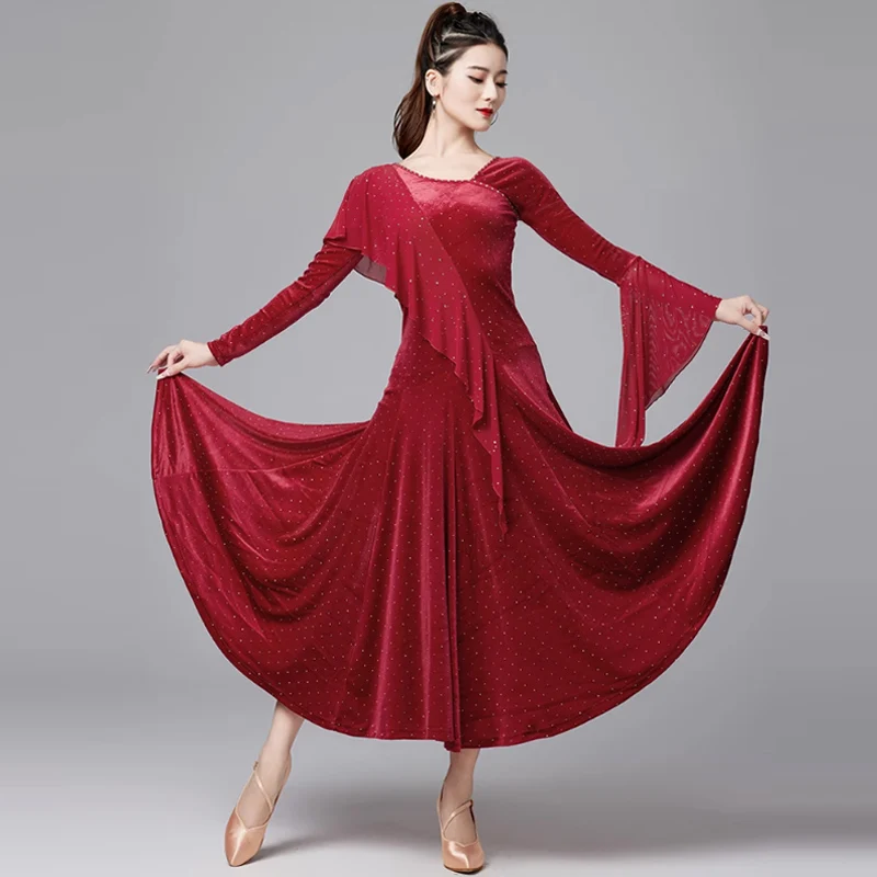 Ballroom Dance Dress Red Black Flare Long Sleeve Standard Dancing Costume Women Tango Waltz Dance Performance Wear DL11173