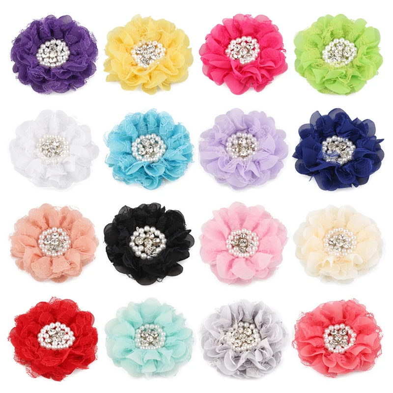 

20pcs/lot 16colors 9cm Shabby Chiffon Petals Poppy Flower+Rhinestones Pearls for Kids Girls Hair Accessories/Headband/Hair clips