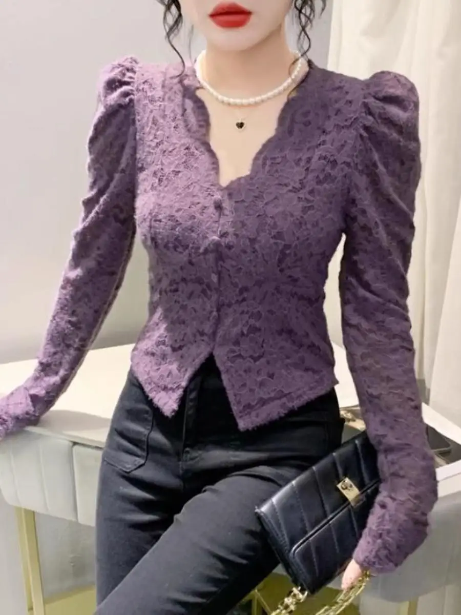 おしゃれな-v-ネックレースシャツ女性の厚手フリースインナーウェアベース-2-点セットアンチエイジング秋冬新作