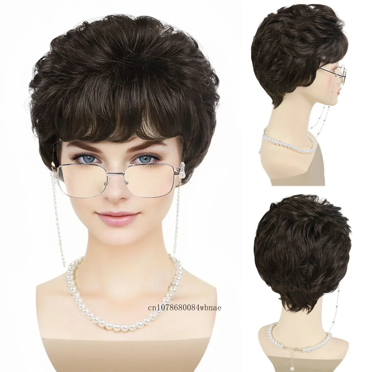 Synthetic Hair Short Black Curly Wigs for Women Granny Cosplay Costume Set with Glasses Chain Necklace Daily Blanche Mommy Wig