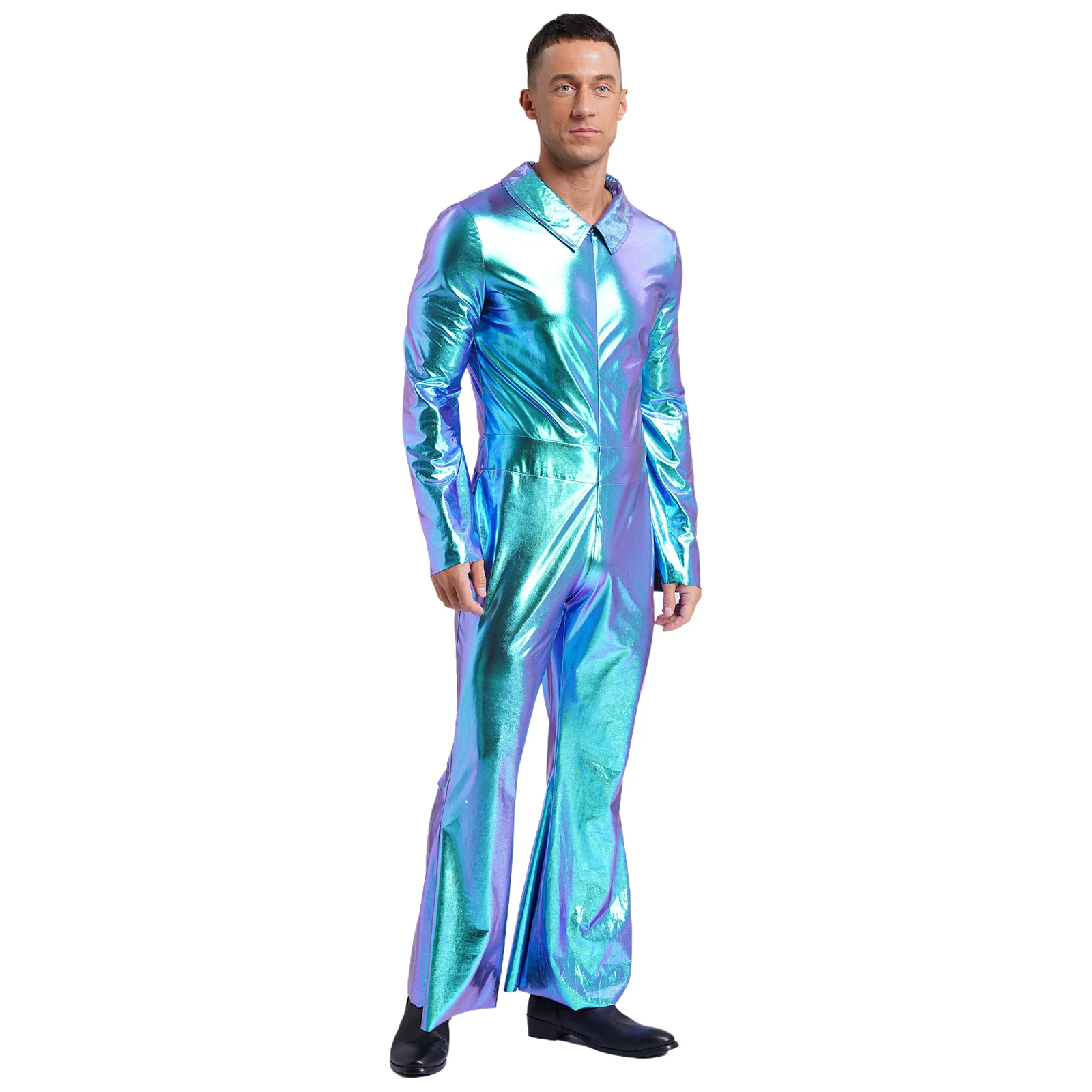 Mens Shiny Metallic Disco Outfits 70s 80s Hippie Costume Lapel Collar Flare Long Sleeve Jumpsuit Vintage Bell Bottom Romper