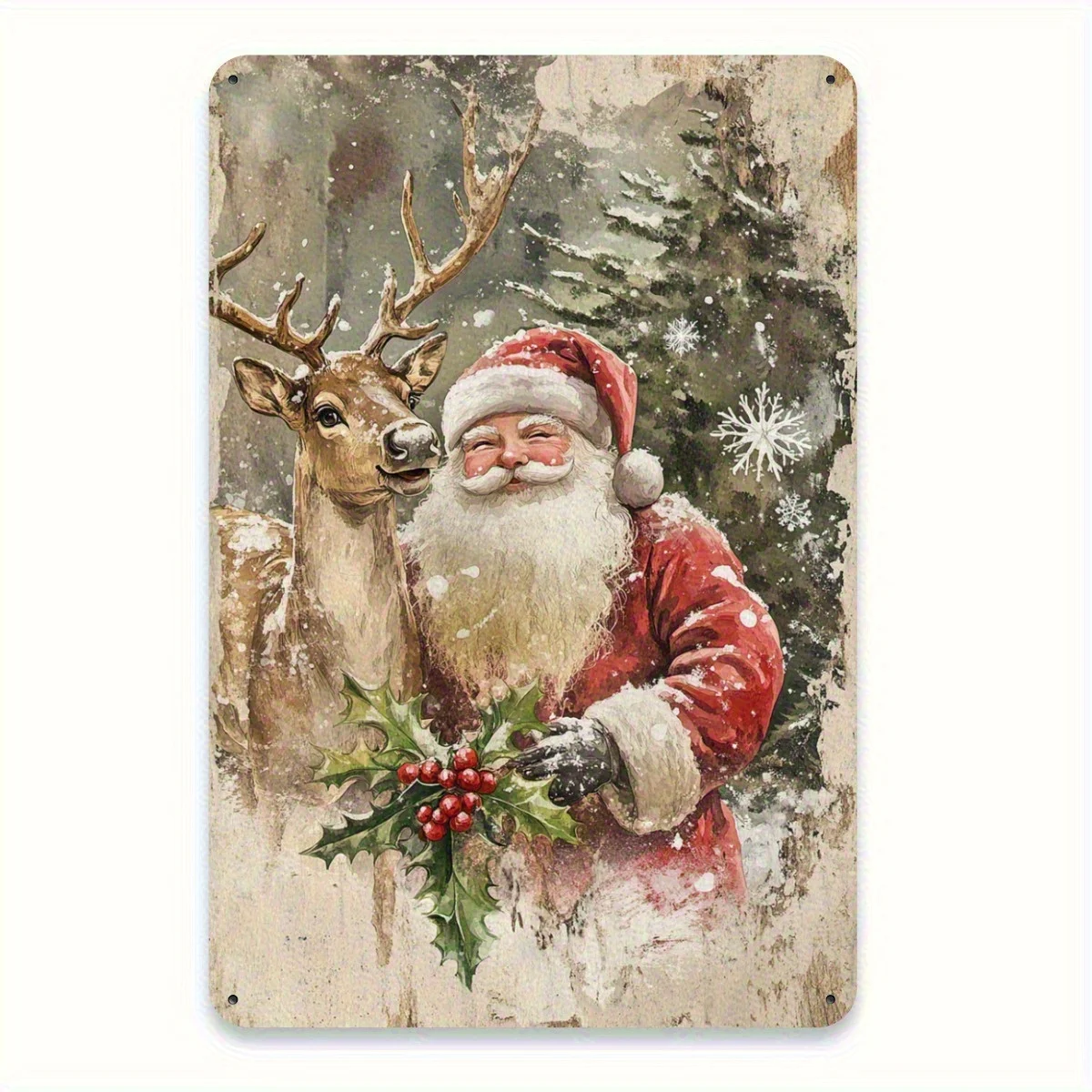 1 Vintage Christmas Tin Sign, Santa Claus and Reindeer Engraved Tin Wall Art, Holiday Home and Restaurant Decoration,