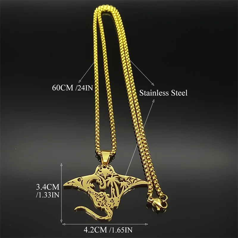 Nette Manta Ray Meer Teufel Fisch Anhänger Halskette Für Frauen Männer Edelstahl Gold Silber Farbe Kokospalme Natur Kette Schmuck – Detail 3