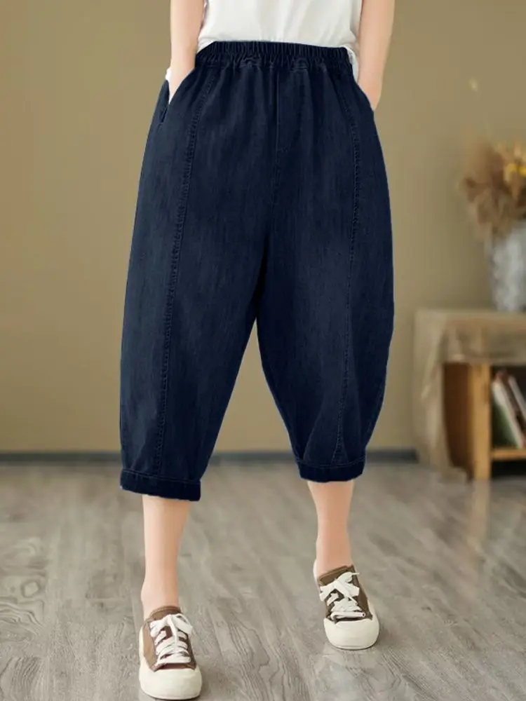 ZANZEA سراويل صيفية للسيدات بطول العجل موضة 2025 بخصر عالٍ وجيوب متينة غير رسمية سراويل فضفاضة عتيقة بخصر مطاطي #2