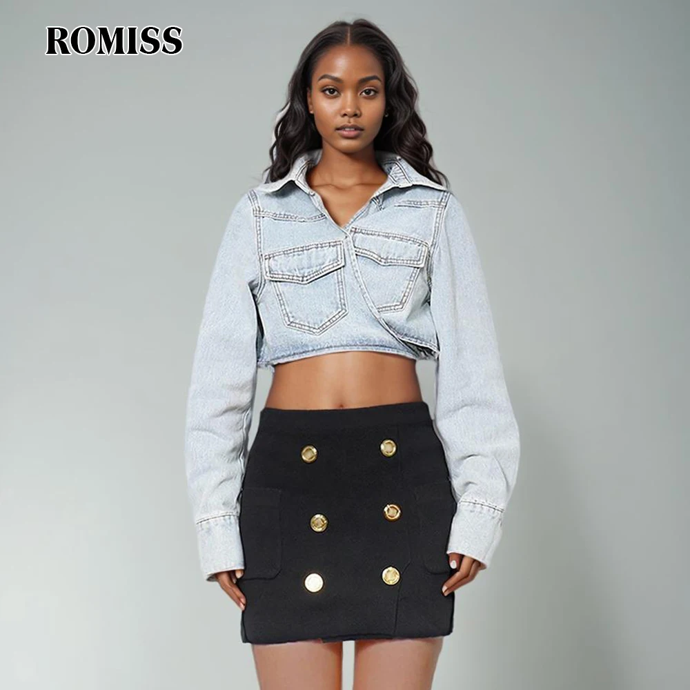 

ROMISS Patchwork Lace Up Denim Jackets For Women V Neck Long Sleeve Spliced Pockets Casual Jacket Female Fashion Clothes