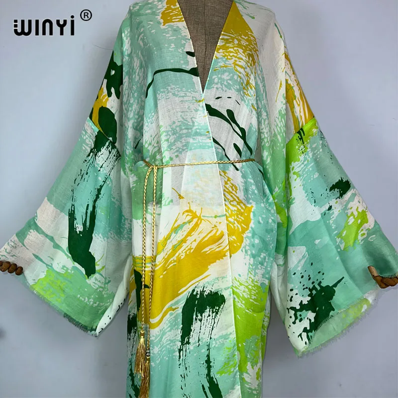 Winyi Kimono Zomerprint Y 2K Kaftan Bikini Cover-Up Elegant Vest Sexy Vakantie Maxi Strand Badpak Avond Feestjurk