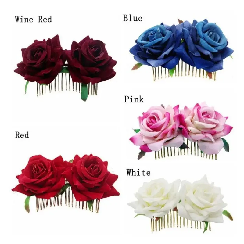 1pc Artificial Rose Flower Hair Comb Romantic Fancy Double Silk Velvet Rose Metal Comb Hair Clips Wedding Bridal Women Headwear