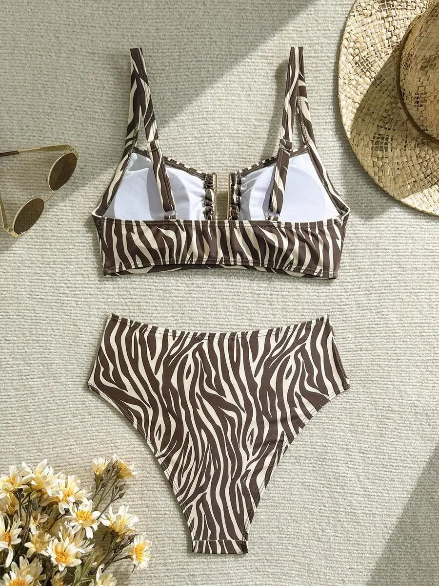 

Brown Zebra Print High Waist Bikini Set With Adjustable Straps And Flounce Design
