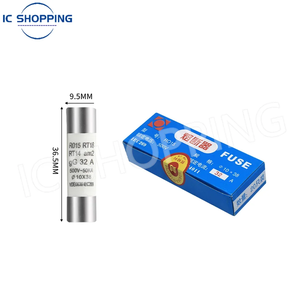 20PCS RO15 Ceramic fuse 10x38mm 0.5A 1A 2A 3A 4A 5A 6A 8A 10A 16A 20A 25A 32A 40A 10*38mm 500V R015 10*38 10X38