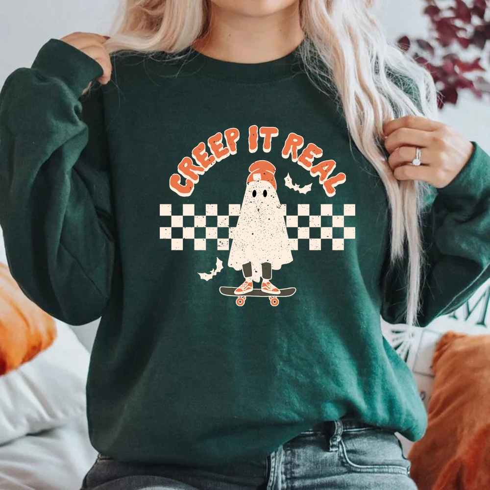 Sudadera con capucha Retro Creep It Real para mujer, ropa divertida de fantasma de Halloween, Vintage, Jersey Unisex, Tops de otoño