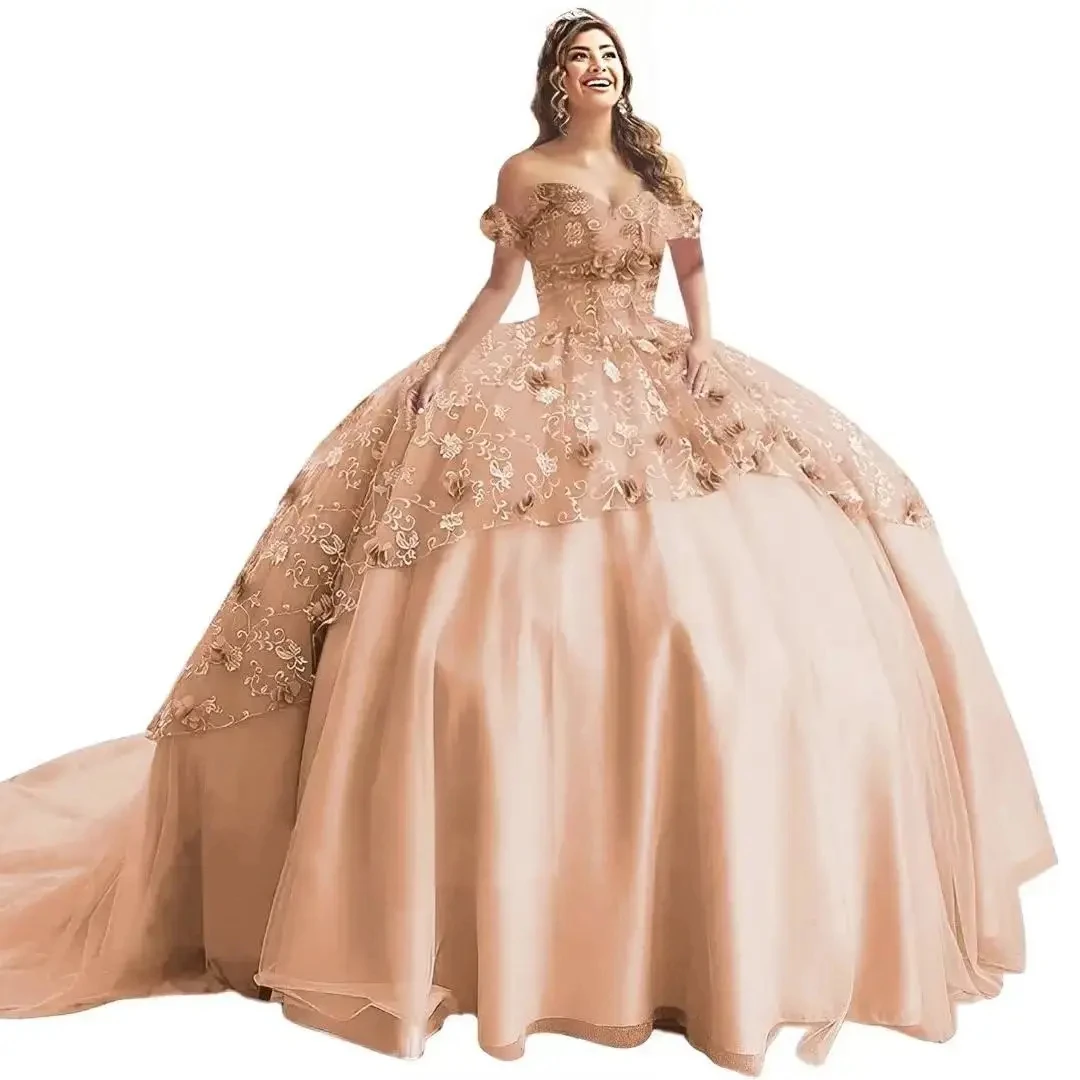 قبالة الكتف الأميرة فساتين Quinceanera ثلاثية الأبعاد الأزهار فستاين سهرة/فساتين الحفلات للنساء الدانتيل والساتان حفلة موسيقية مع قطار الحلو 16 فستان Vestidos