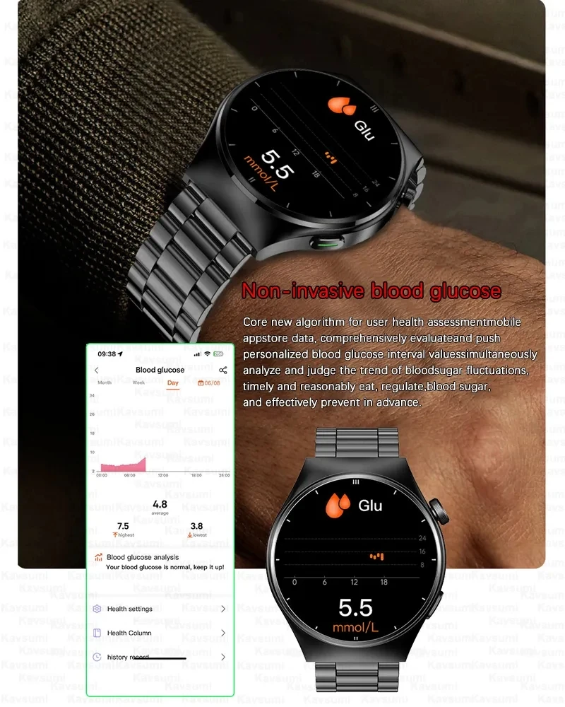 Relógio Inteligente de Grau Médico Masculino, Monitor de Saúde, ECG, Chamada Bluetooth, Lipídios Sanguíneos, Ácido Úrico, Glicose Sanguínea,