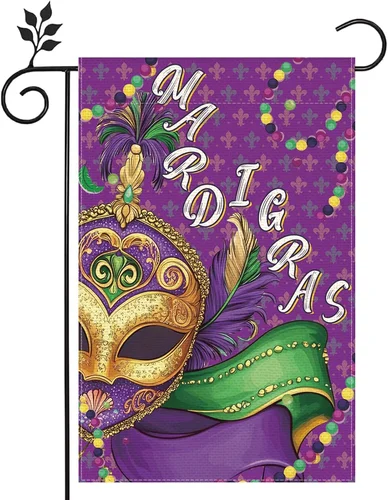 Mardi Gras Garden Flag 12X18 Inch Double-Sided Burlap Family Party Outdoor Court OOV IIC
