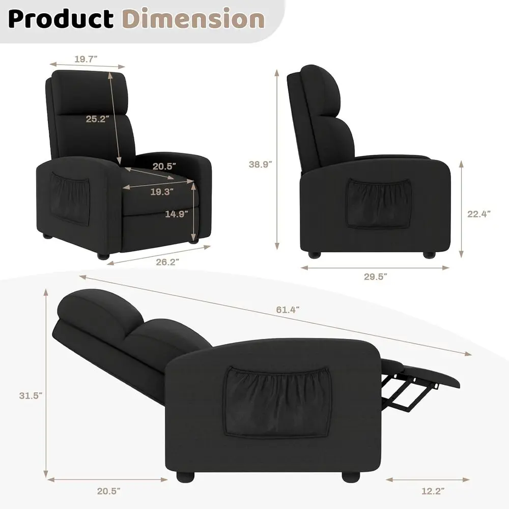 Reclining Sofa Chair with Thick Cushion, Side Pocket, Adjustable Back and Footrest, Ideal for Home Theater or Living Room, Linen