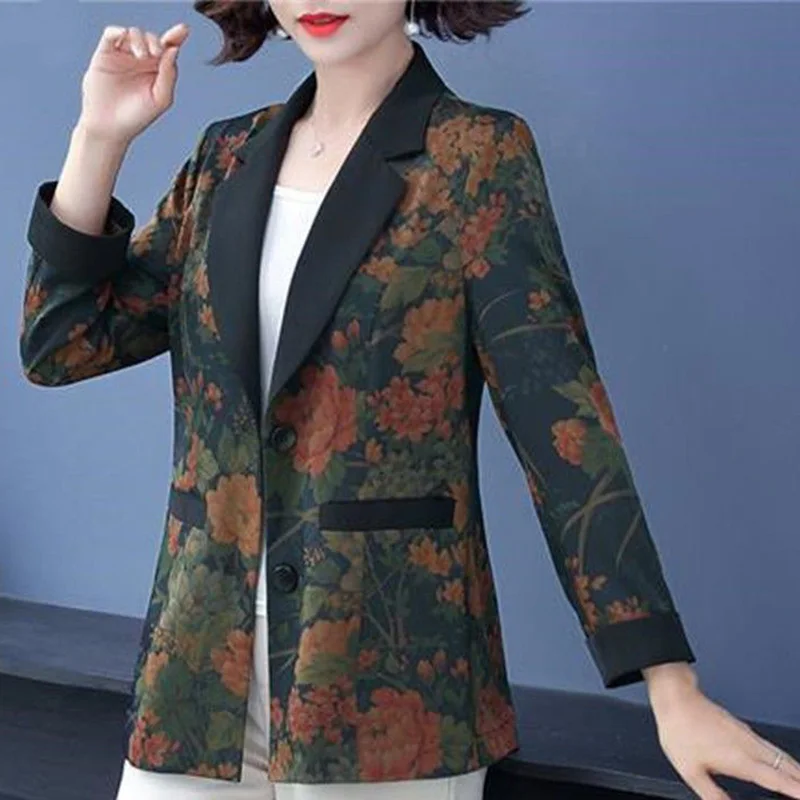 Vintage Printed Spliced Pockets All-match Blazer Women Clothing 2023 Autumn New Oversized Casual Tops Loose Office Lady Blazers