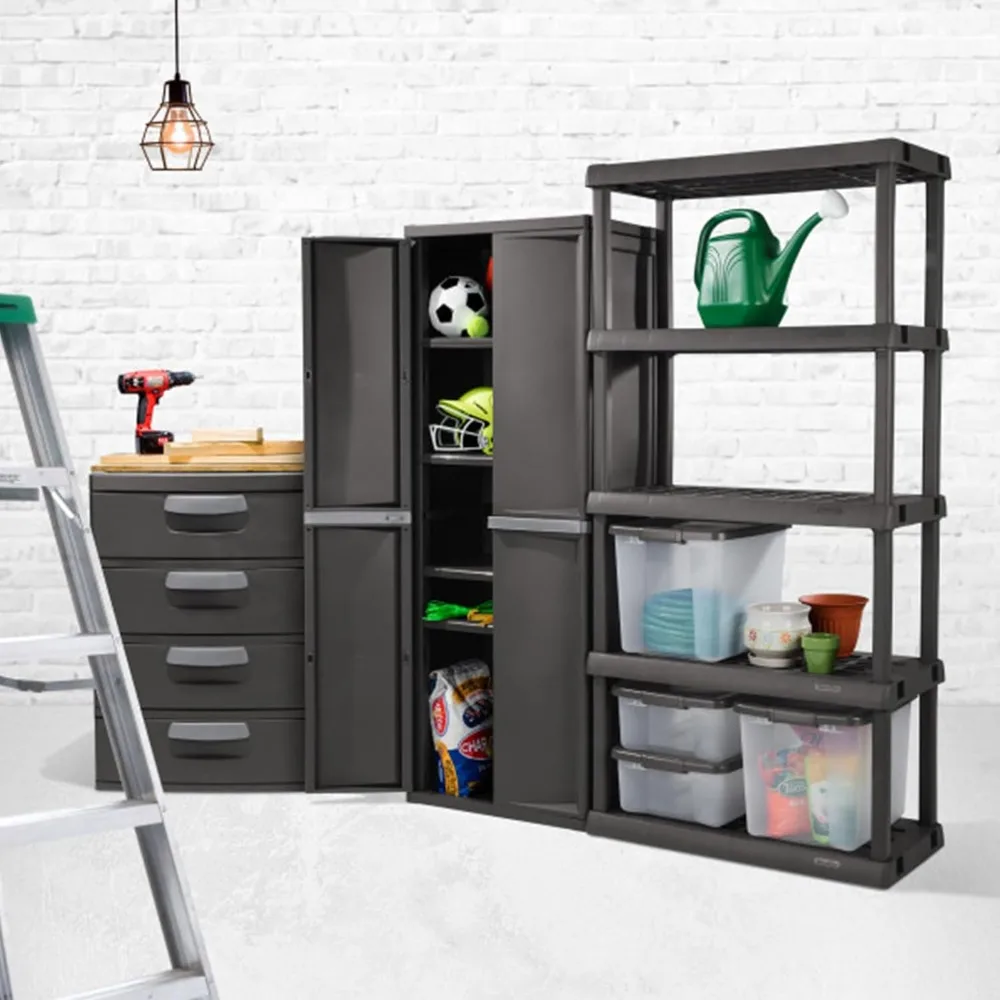 

4 Shelf Cabinet, Plastic Organization Storage Unit, Organize Bins in the Garage, Basement, Attic, Mudroom, Gray, 1-Pack