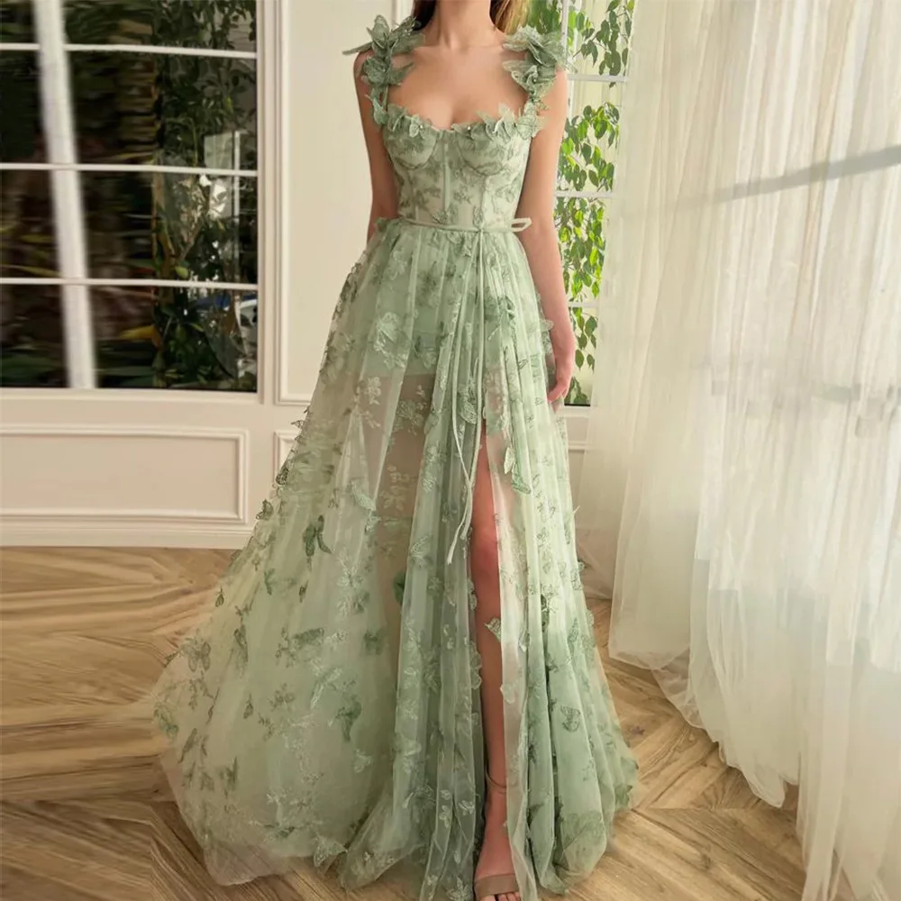 Vestidos Mint Green 3D Floral Embroidery Prom Dress, Spaghetti Strap High Slit Tulle Evening Gown, A-Line Formal Party Dress