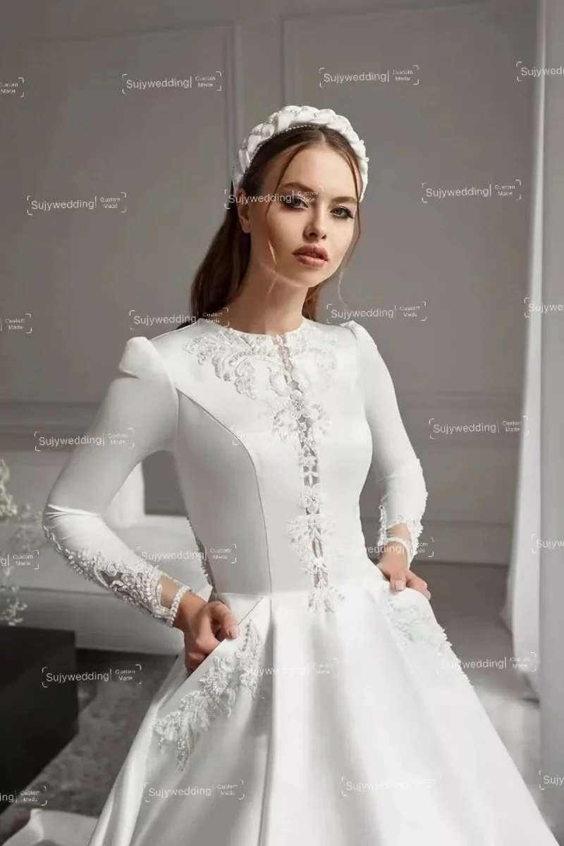 Vestidos De Novia musulmanes De línea A De lujo, Apliques De encaje con cuentas, Vestidos De Novia blancos De manga larga para novia, Vestidos De Noche personalizados