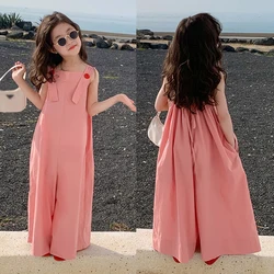 Children Clothes Girls 100% Cotton Sweet Solid Loose Overalls Chic Korean Style Outdoor Casual Harem Pants Kids Jumpsuit 3-8Y