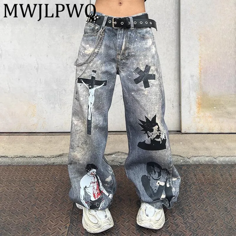 

MWJLPWQ Свободные джинсы с 3D принтом, мужские свободные джинсы унисекс, нишевые уличные повседневные широкие брюки, осень 12439