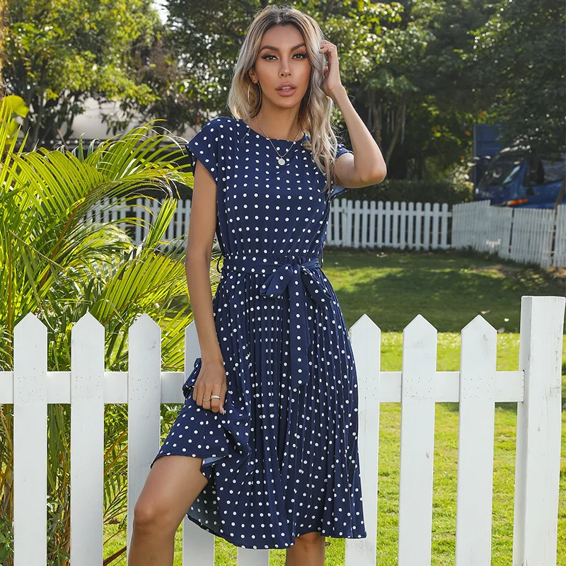 

Fashion O-Neck Polka Dot Summer New Dresses 2026 Cap Sleeve Women Knee Length Shirred Elegant Office Lady Belted A-Line Dress