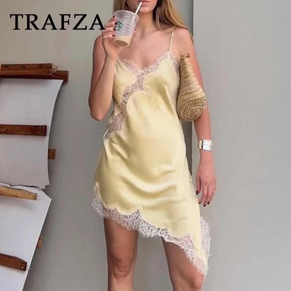 KONDALA Chic Lace Giallo Y2K Sexy Slim Donna Abiti Cami Mini Abito Asimmetrico Moda 2025 Summer Night Party Abiti Femminili