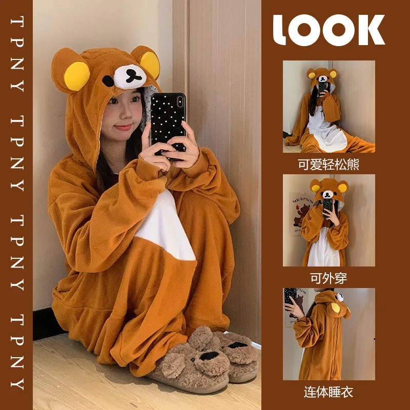 Cartoon Rilakkumas Jumpsuit Nightgown Kawaii Rilakkumas Bear Flannel Hoodie Pajamas Cosplay Rilakkumas Robe for Kids Adult